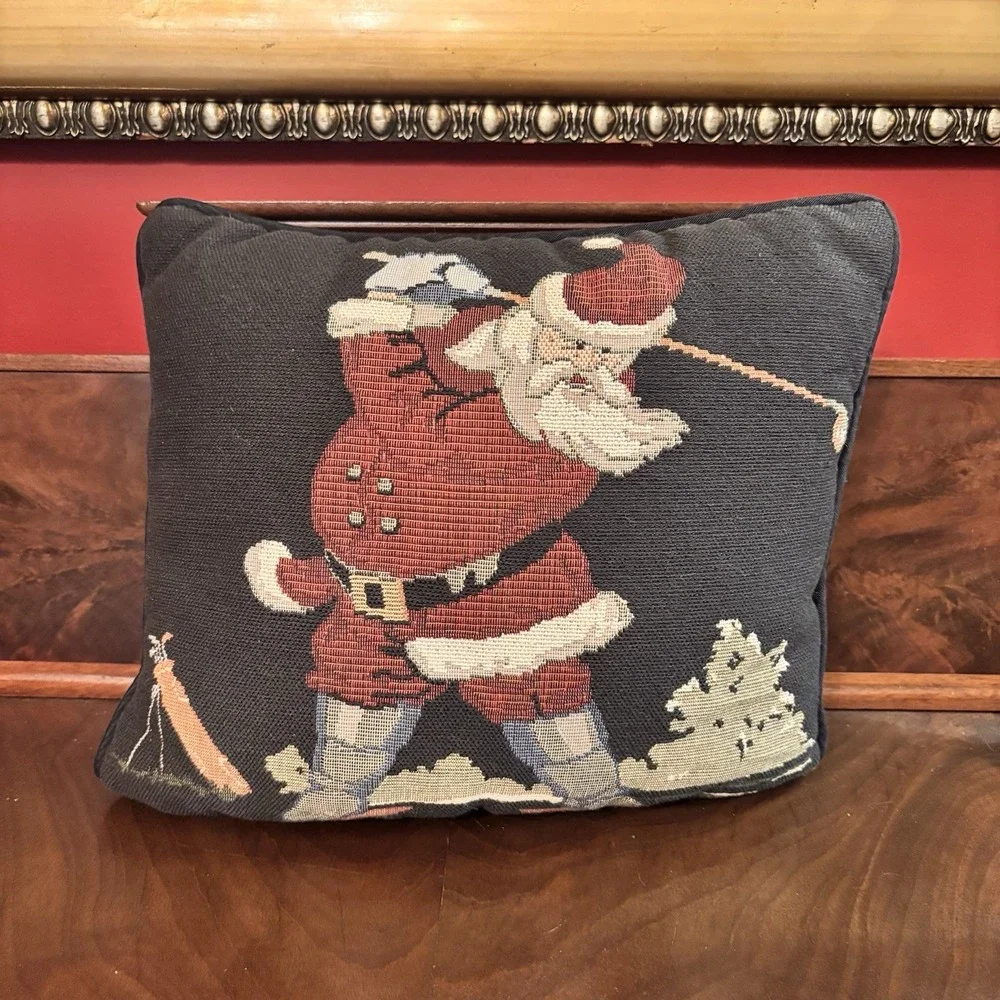 Vintage Golfing Santa Tapestry Pillow Christmas Decor 11x11‎ Holiday